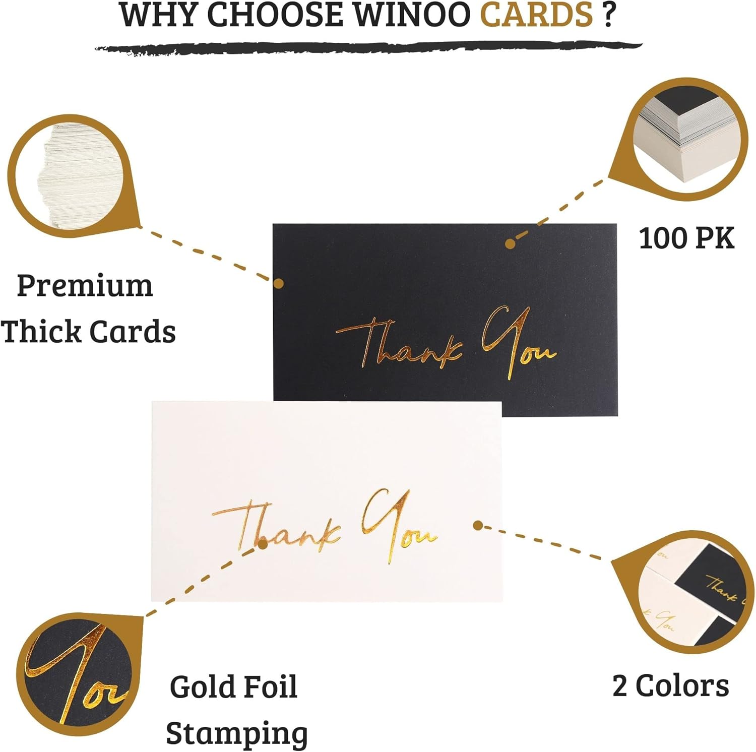 Winoo Design Gold Mini Thank You Cards Small Business - 100 PK - Flat Card No Fold, 2 x 3.5 Inches Thank You for Your Order for Your Support Cards for Wedding Black and Off White Color - Image 3